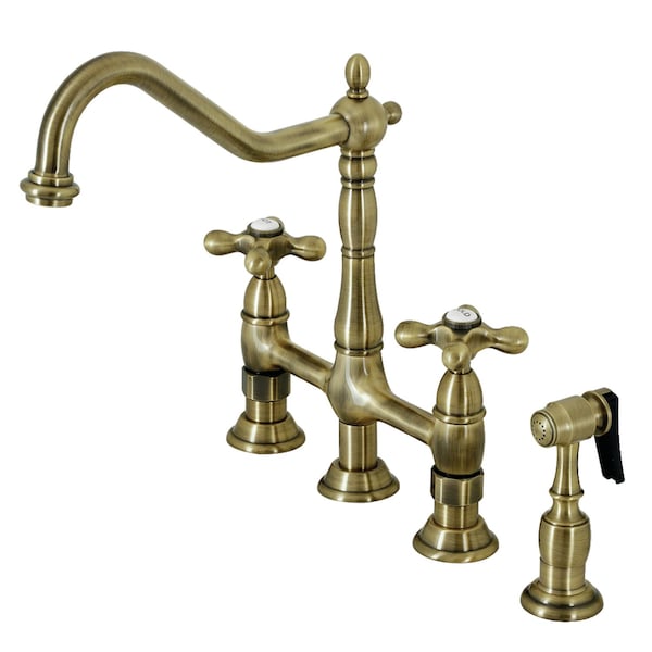 KS1273AXBS Heritage Bridge Kitchen Faucet W/Brass Sprayer, Brass